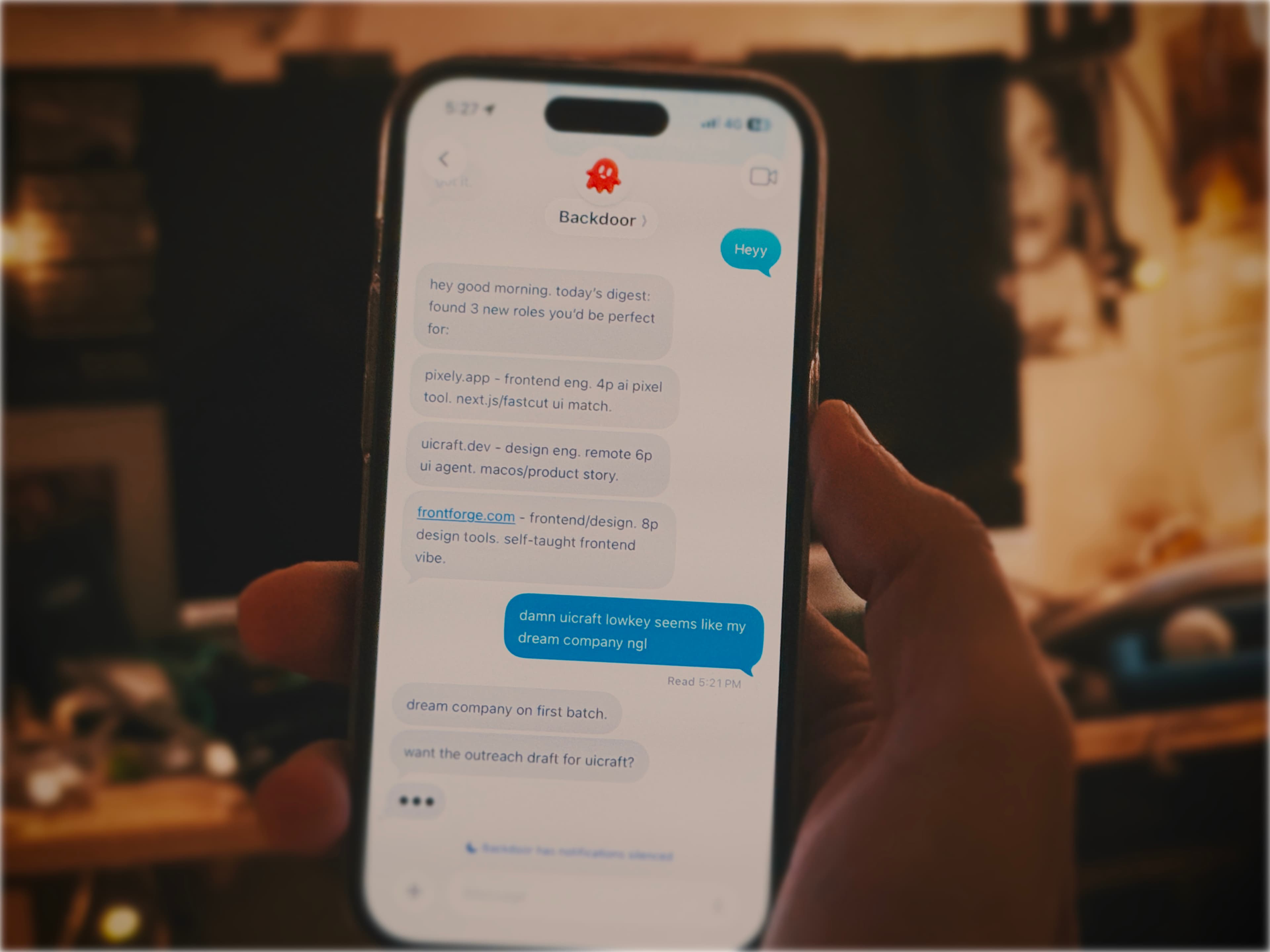 Backdoor - startup hiring agent interface showing personalized outreach
