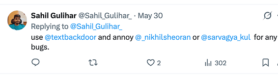 X post from Sahil Gulihar telling people to use Backdoor and ping the founders for any bugs.