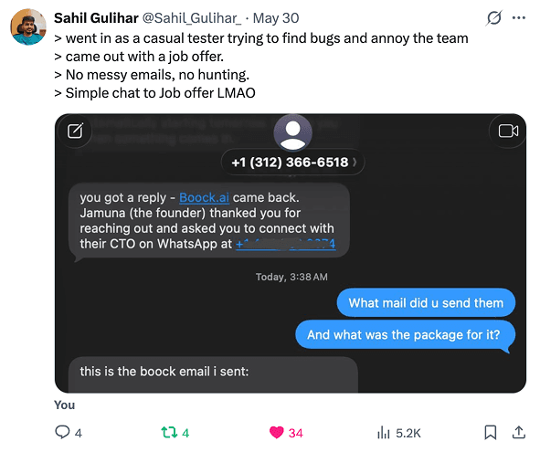 X post: went in as a casual tester to find bugs, came out with a job offer. No messy emails, no hunting, simple chat to a job offer.